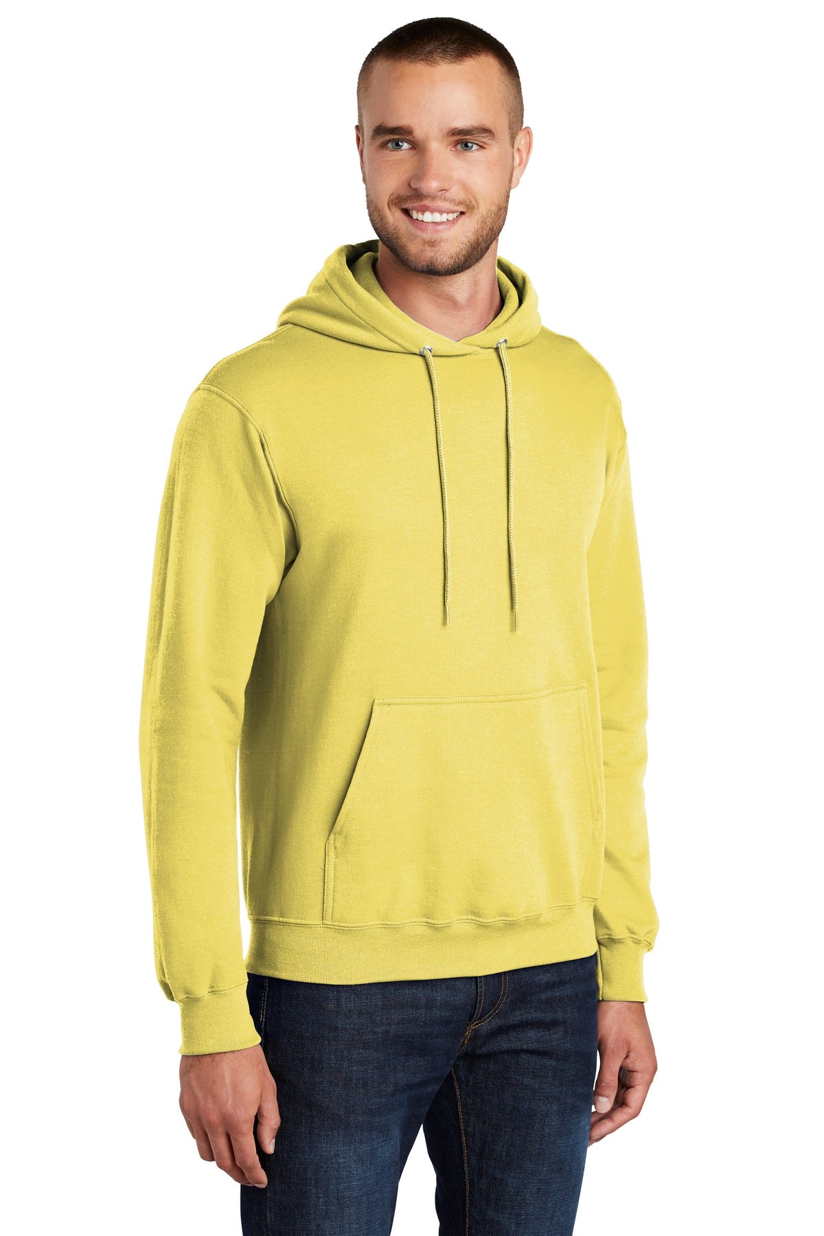 Front View of Yellow Port & Co Core Fleece Pullover Hooded Sweatshirt. PC78H plain