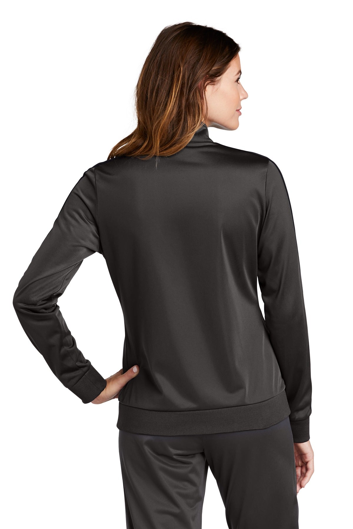 Graph Grey/Blk Sport-Tek Ladies Tricot Sleeve Stripe Track Jacket. LST94 plain