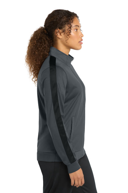 Graph Grey/Blk Sport-Tek Ladies Tricot Sleeve Stripe Track Jacket. LST94 plain