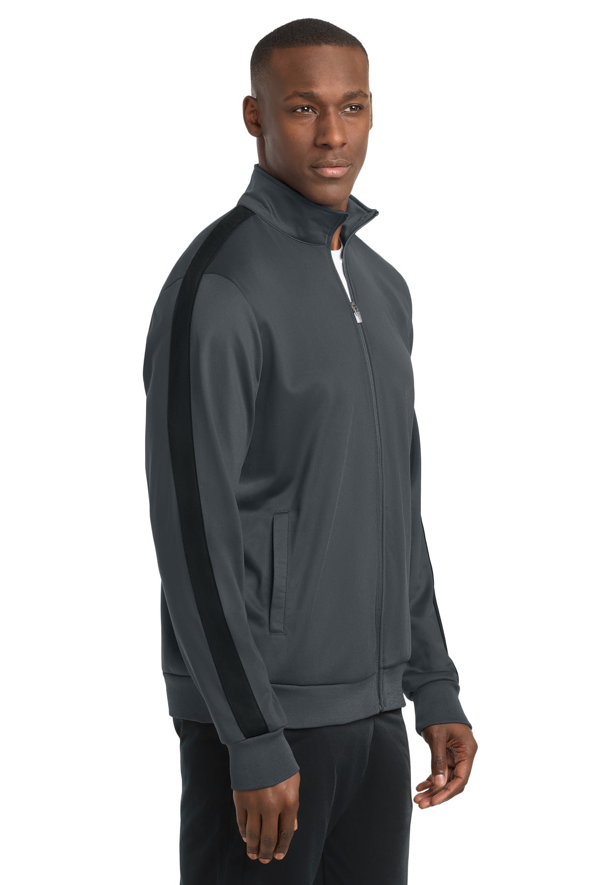 Graph Grey/Blk Sport-Tek Tricot Sleeve Stripe Track Jacket. JST94 plain