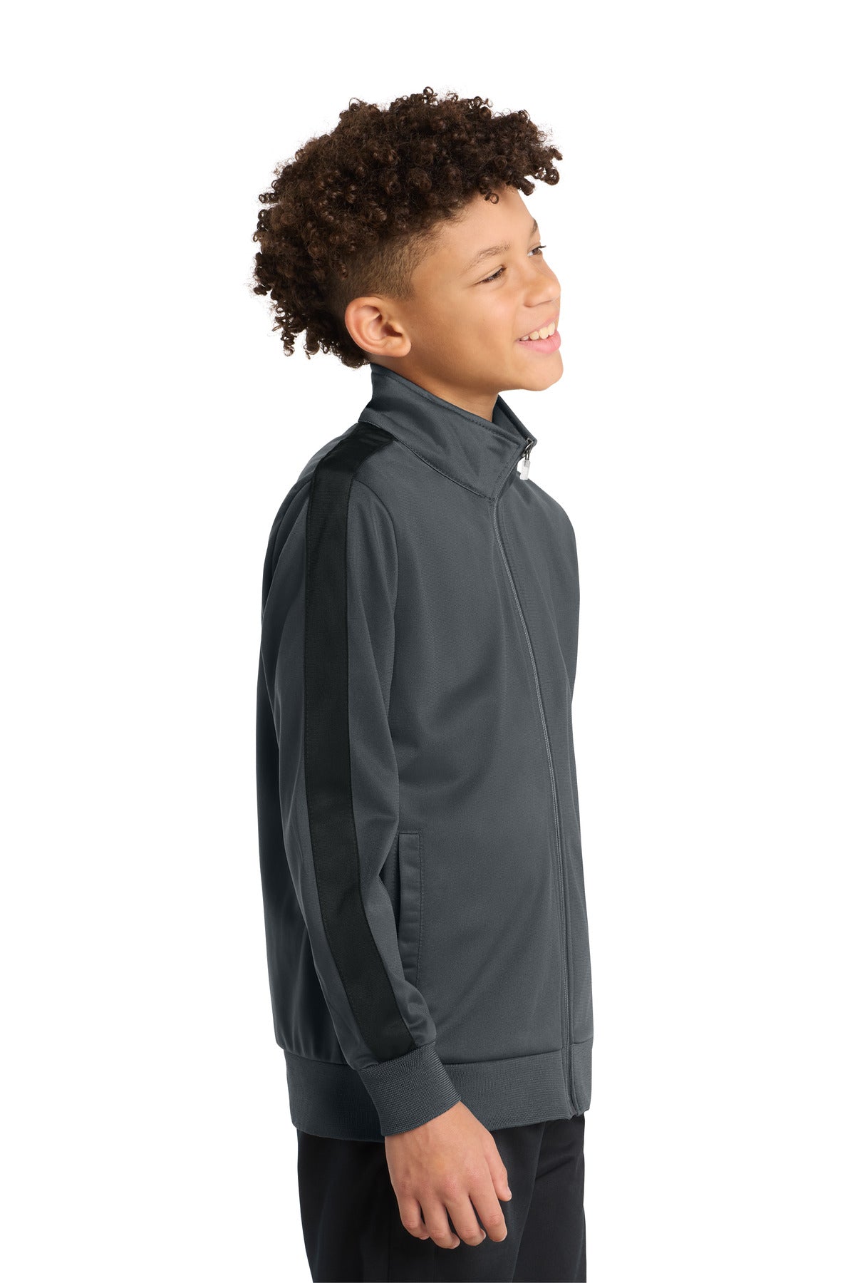 Graph Grey/Blk Sport-Tek Youth Tricot Sleeve Stripe Track Jacket. YST94 plain