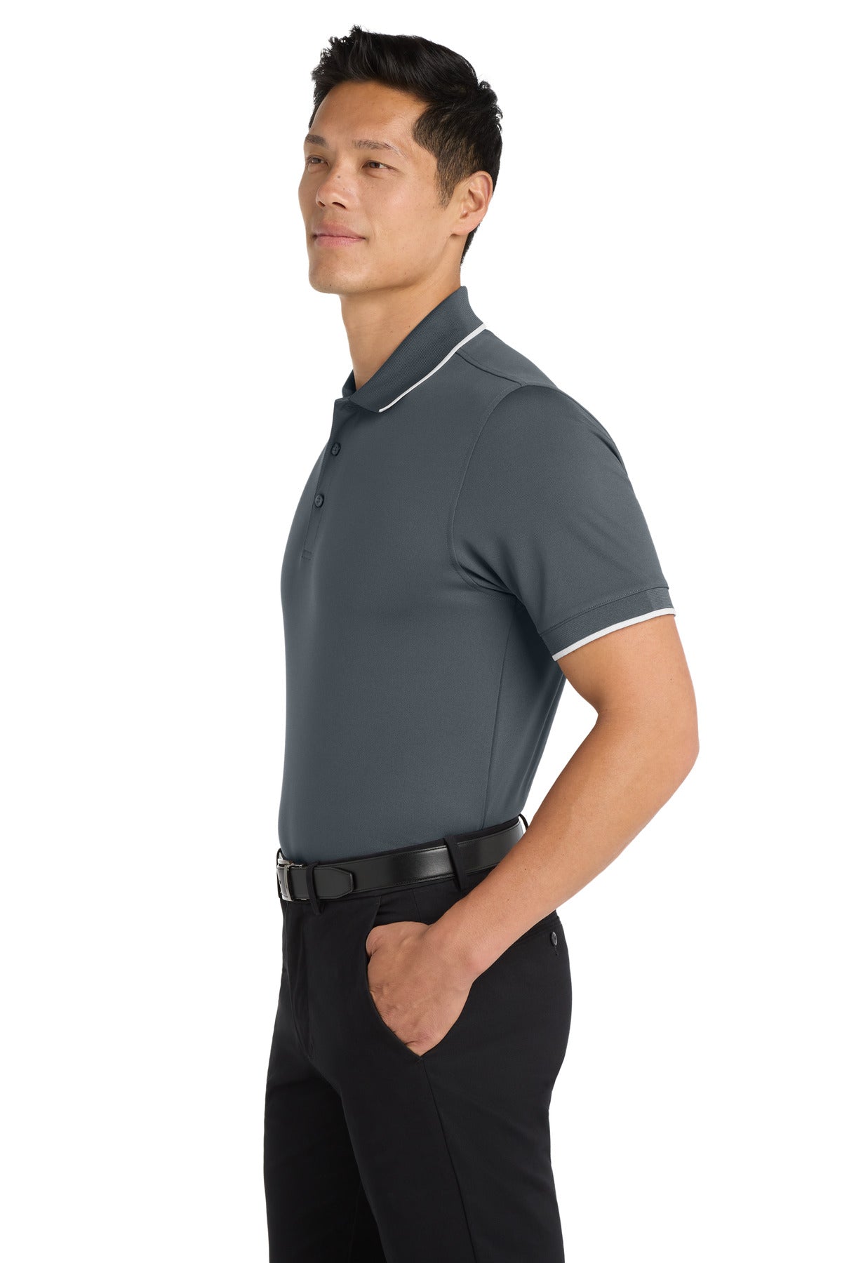 Graphite/White Port Authority Dry Zone UV Micro-Mesh Tipped Polo. K111 plain