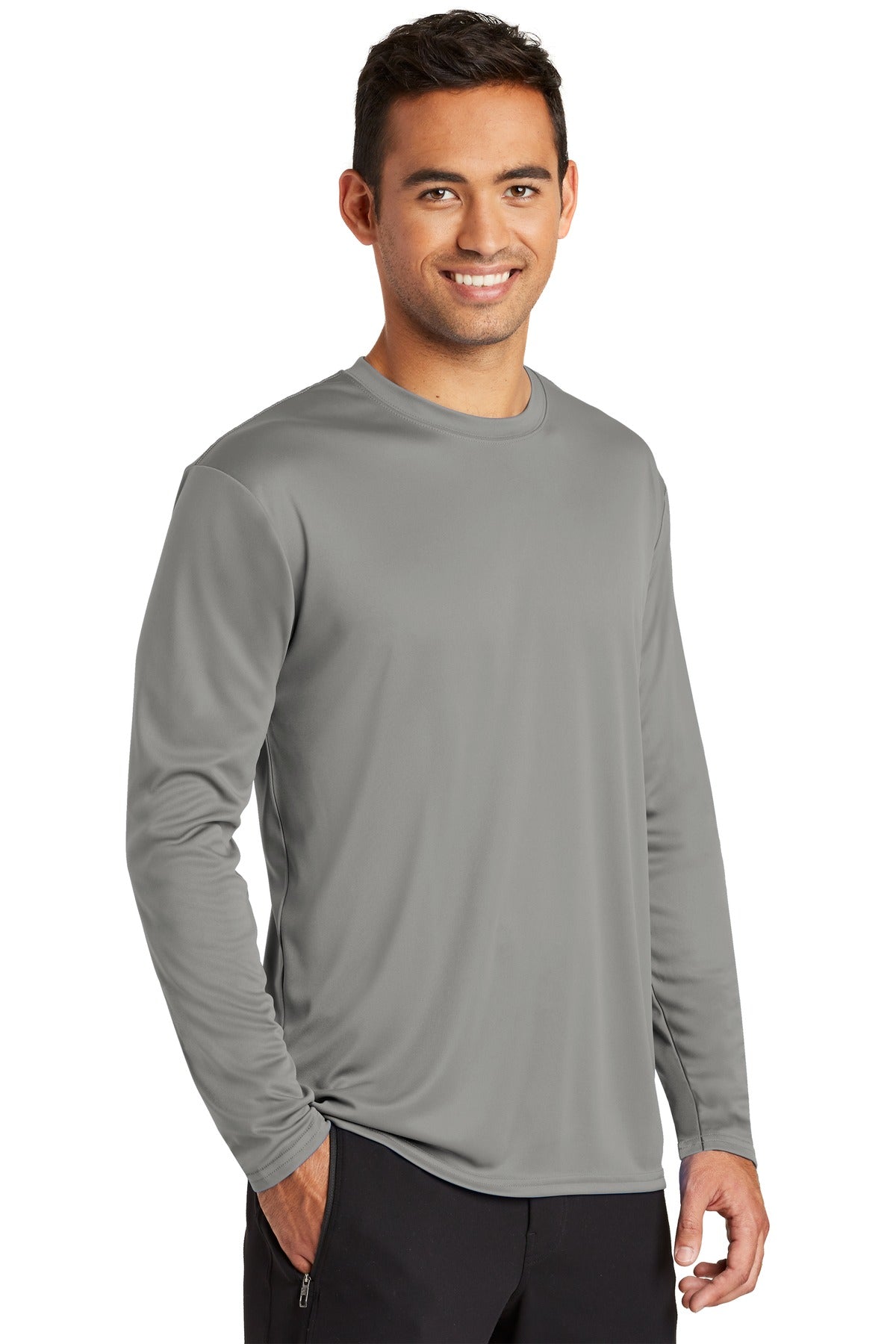 Grey Concrete Port & Co Long Sleeve Performance Tee. PC380LS plain