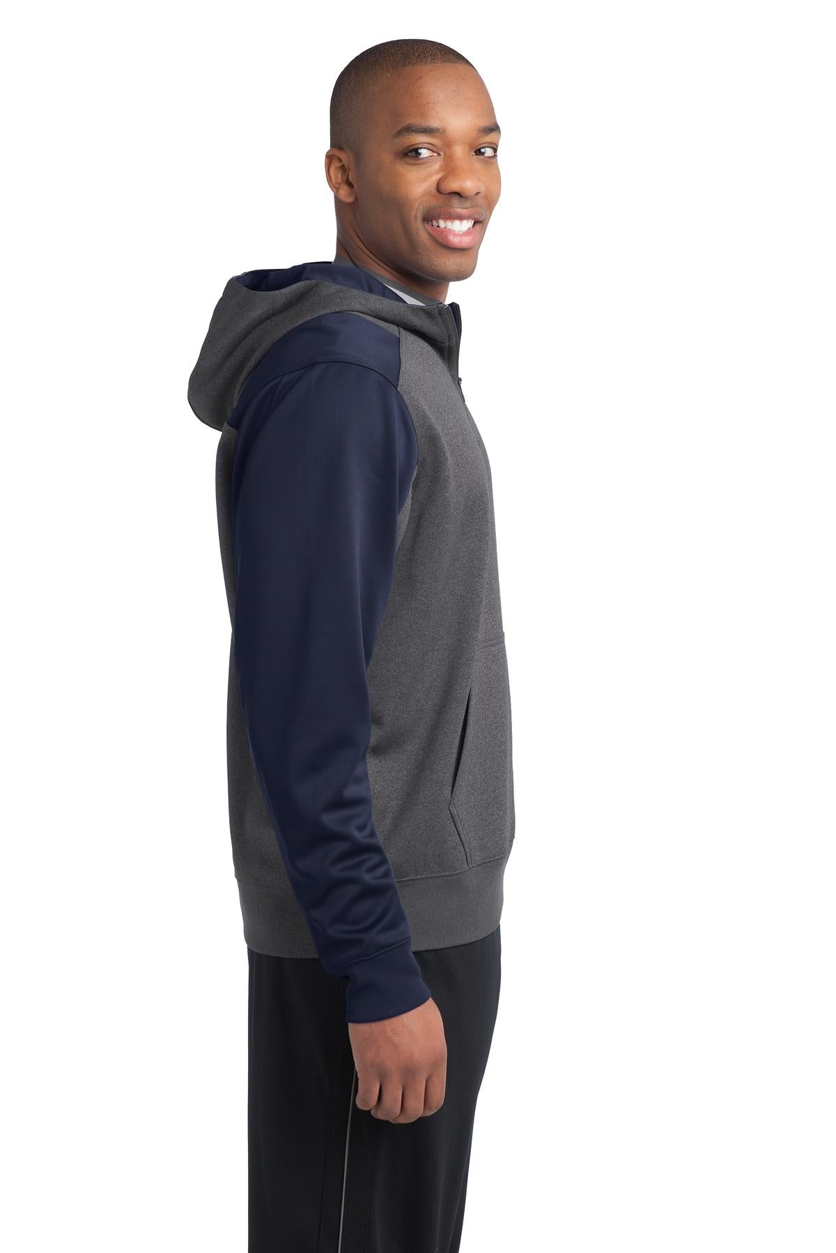 Grph Hea/TrNvy Sport-Tek Tech Fleece Colorblock 1/4-Zip Hooded Sweatshirt. ST249 plain