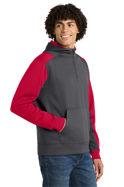 Grph Hea/TrRed Sport-Tek Tech Fleece Colorblock 1/4-Zip Hooded Sweatshirt. ST249 plain