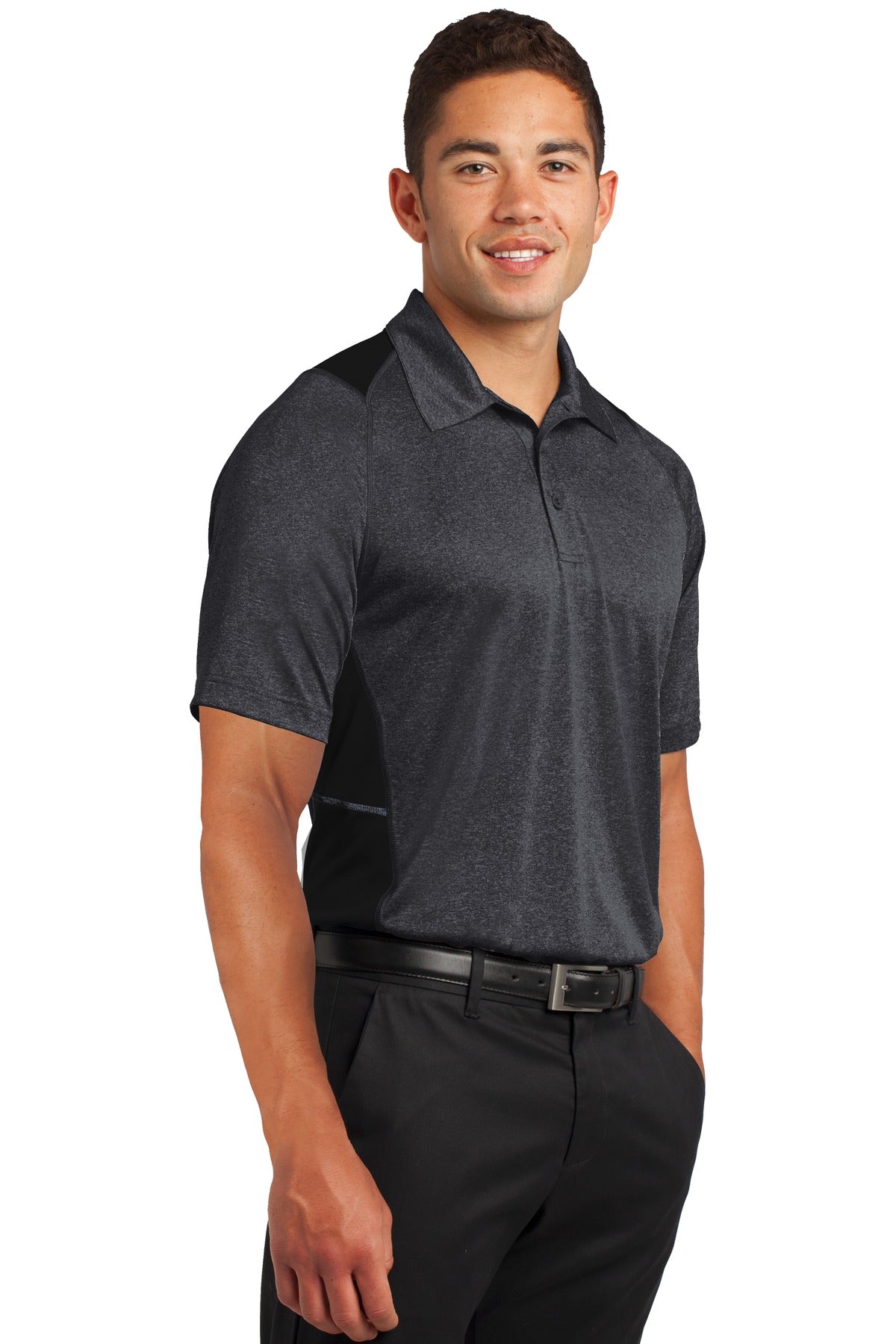 Grph He/Black Sport-Tek Heather Colorblock Contender Polo. ST665 plain