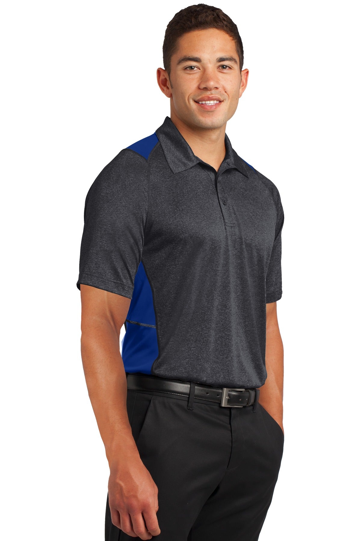 Grph He/Tr Roy Sport-Tek Heather Colorblock Contender Polo. ST665 plain