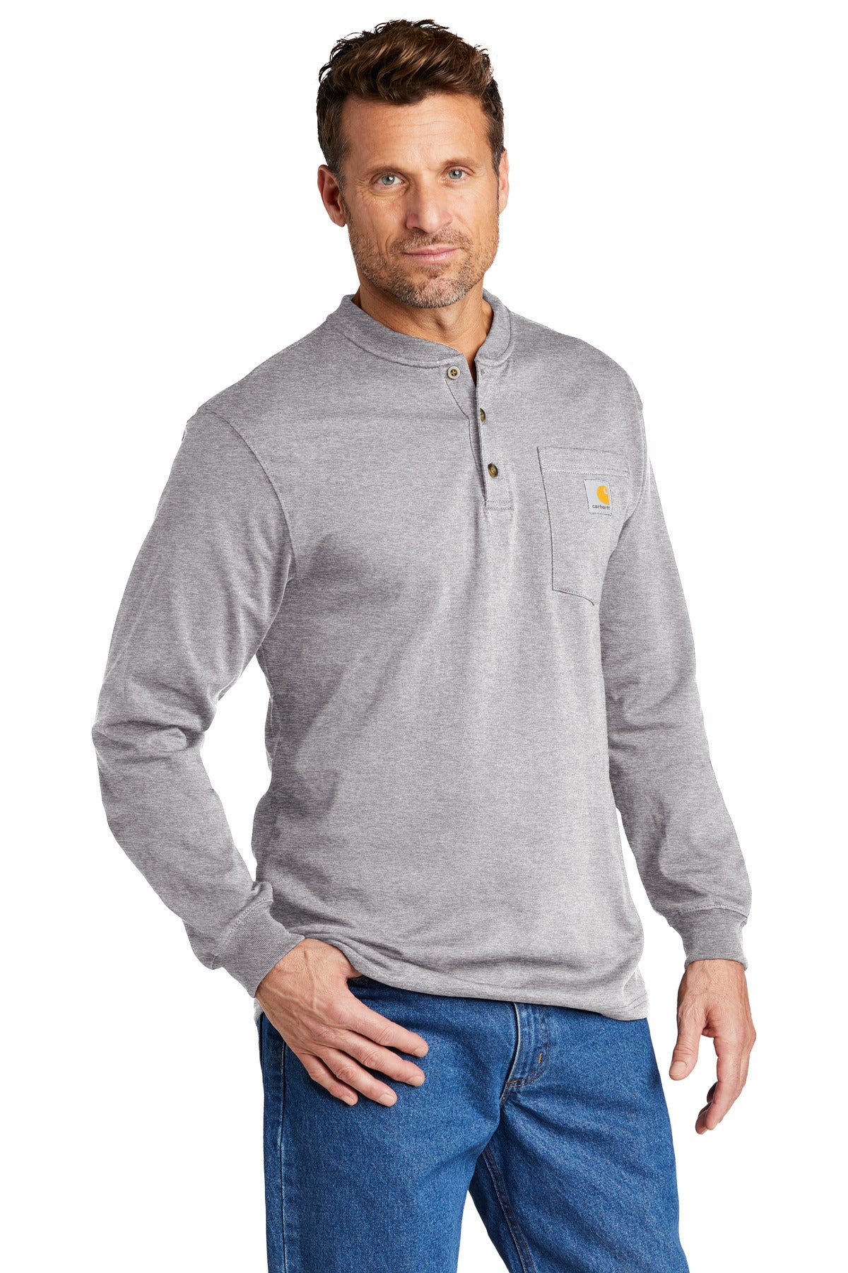 Heather Grey Carhartt Long Sleeve Henley T-Shirt CTK128 plain