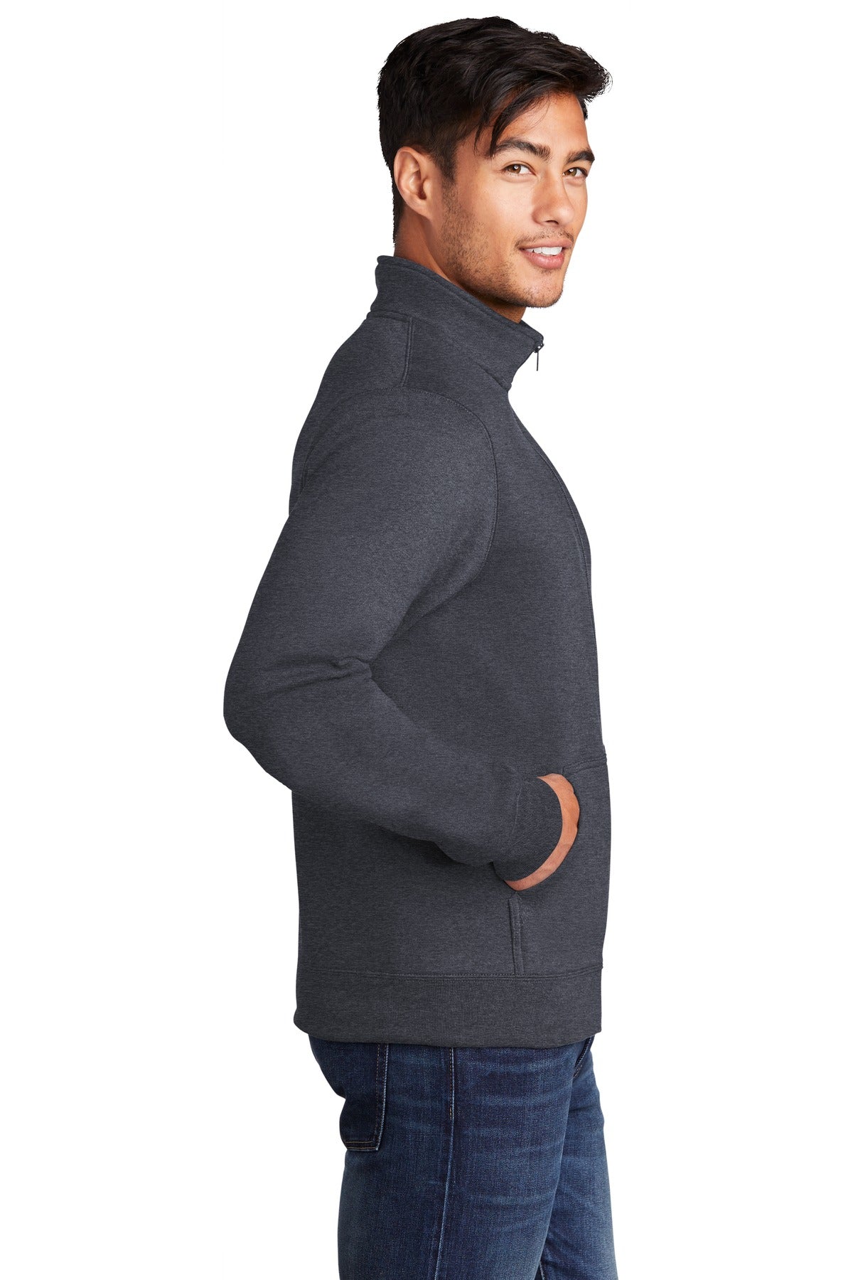 Heather Navy Port & Co Core Fleece Cadet Full-Zip Sweatshirt PC78FZ plain