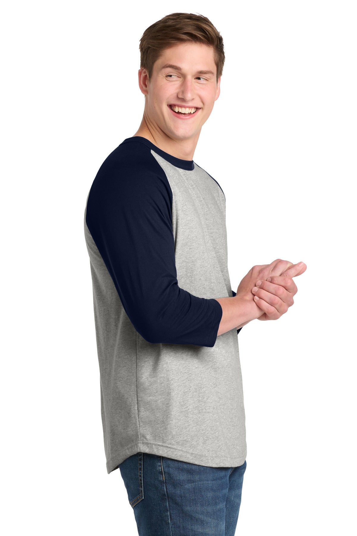 Heathr/Gry/Nvy Sport-Tek Colorblock Raglan Jersey. T200 plain