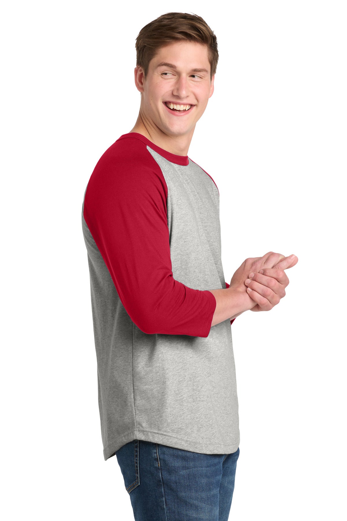 Heathr/Gry/Red Sport-Tek Colorblock Raglan Jersey. T200 plain