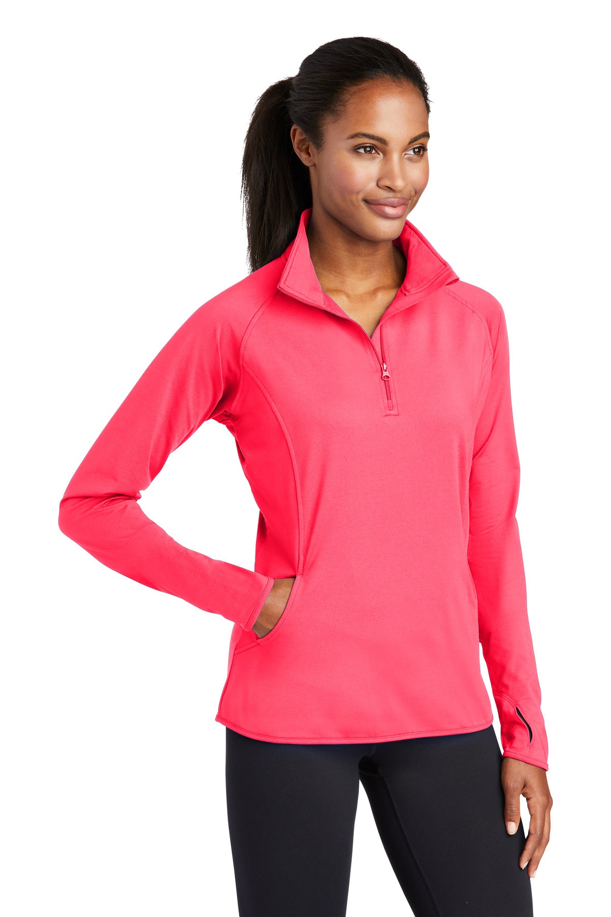 Hot Coral Sport-Tek Women's Sport-Wick Stretch 1/4-Zip Pullover. LST850 plain