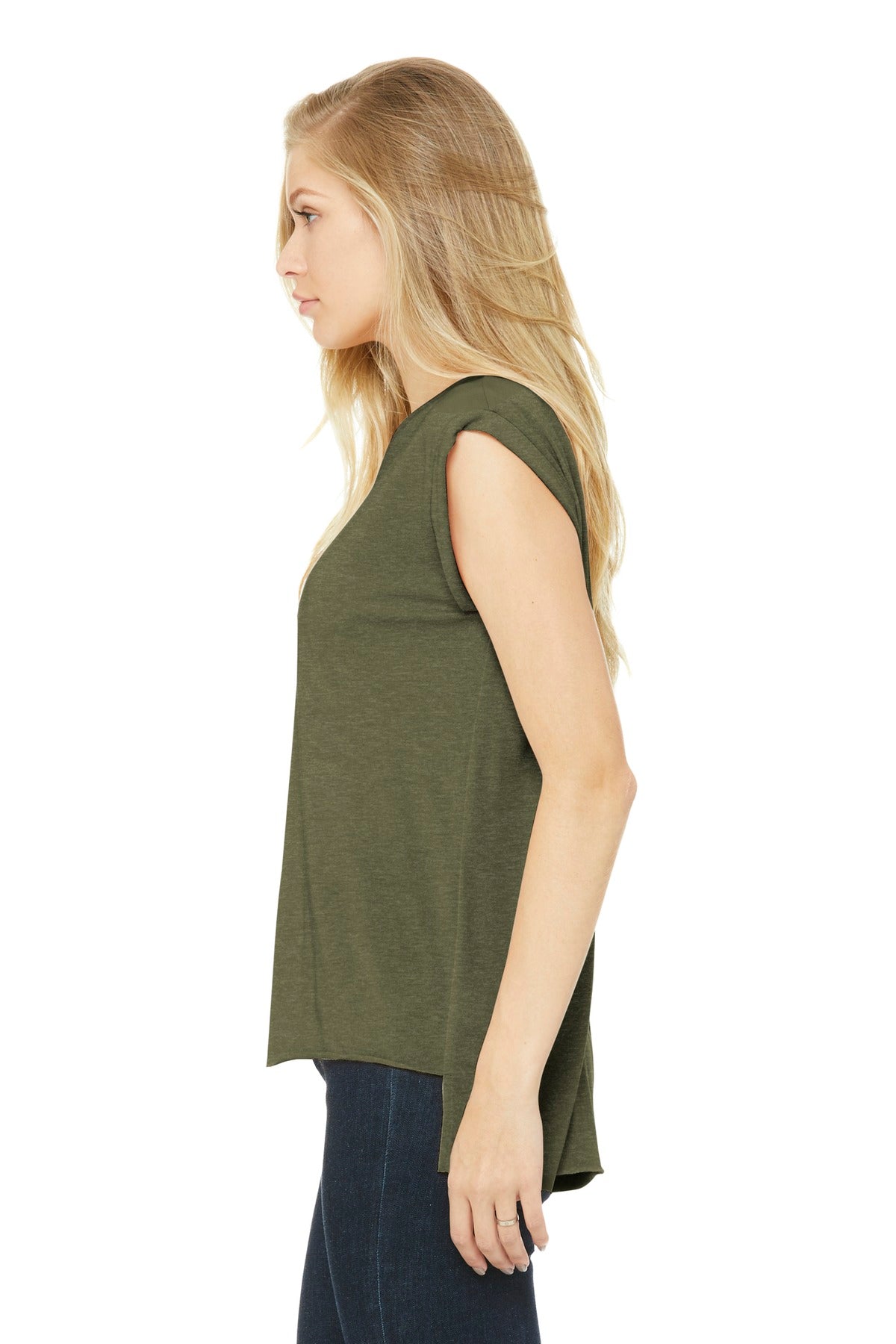 Ht Olive BELLA+CANVAS Women's Flowy Muscle Tee with Rolled Cuffs BC8804 plain