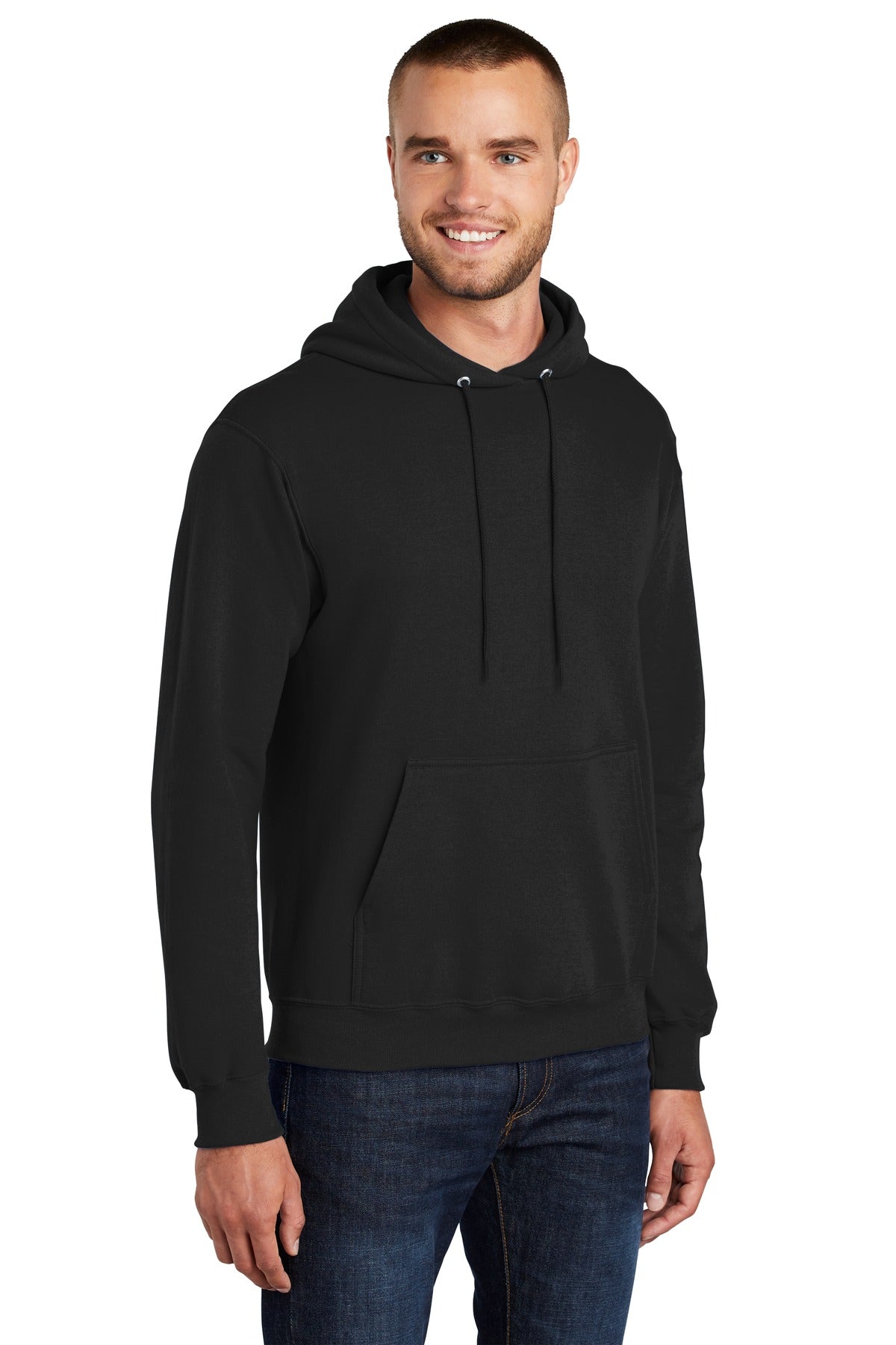 Jet Black Port & Co Core Fleece Pullover Hooded Sweatshirt. PC78H