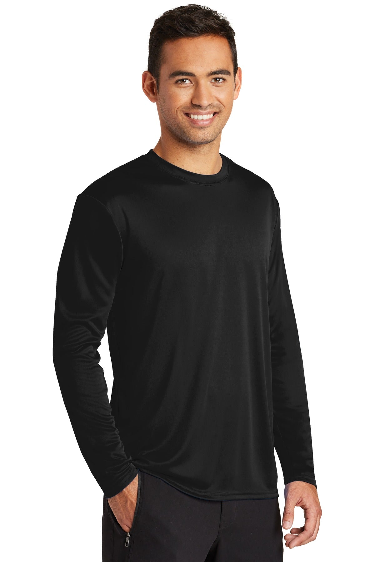 Jet Black Port & Co Long Sleeve Performance Tee. PC380LS plain