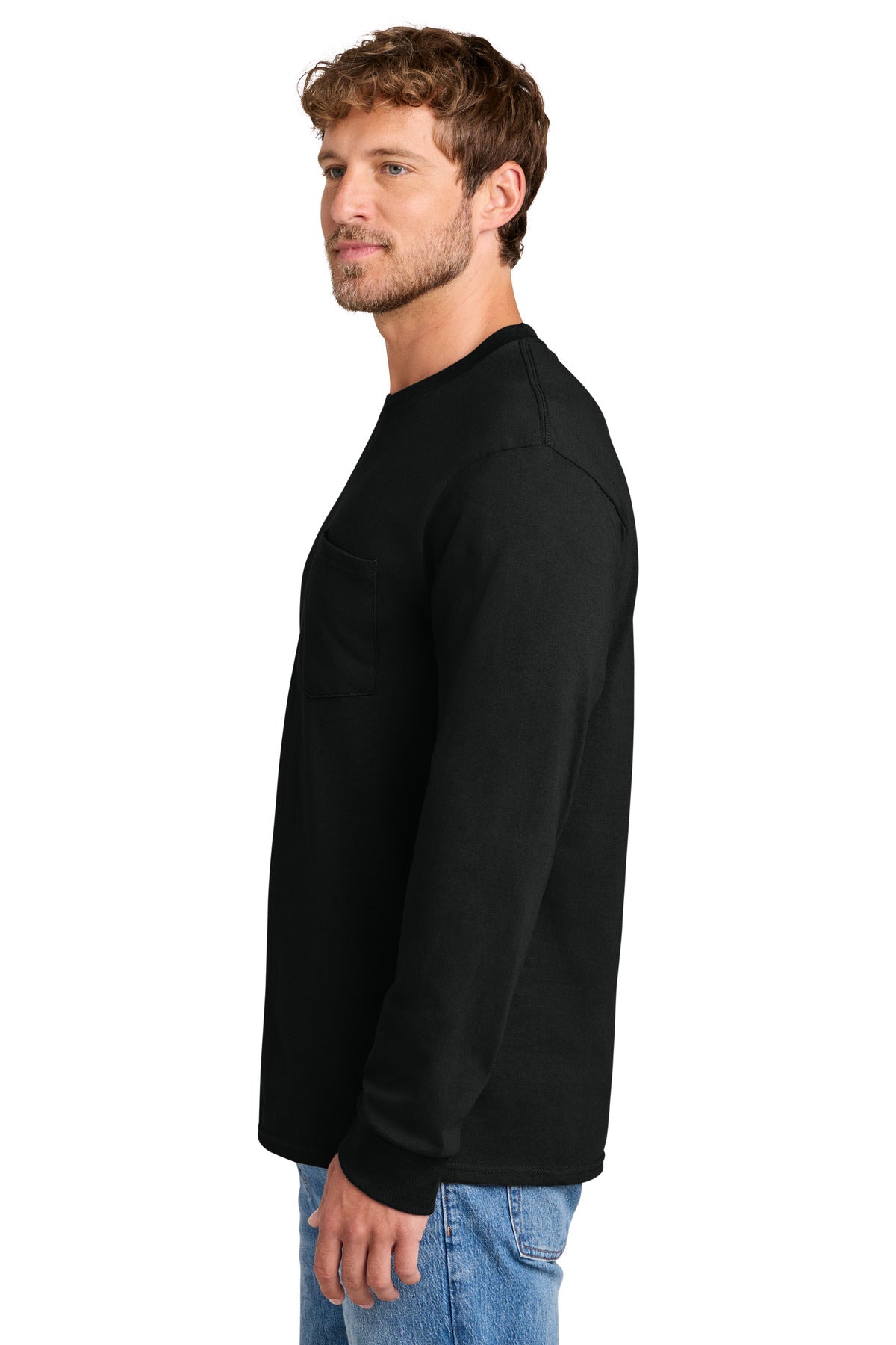 Jet Black Port & Co Tall Long Sleeve Essential Pocket Tee. PC61LSPT plain