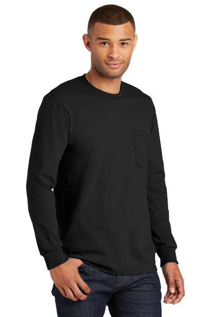 Jet Black Port & Co Tall Long Sleeve Essential Pocket Tee. PC61LSPT plain