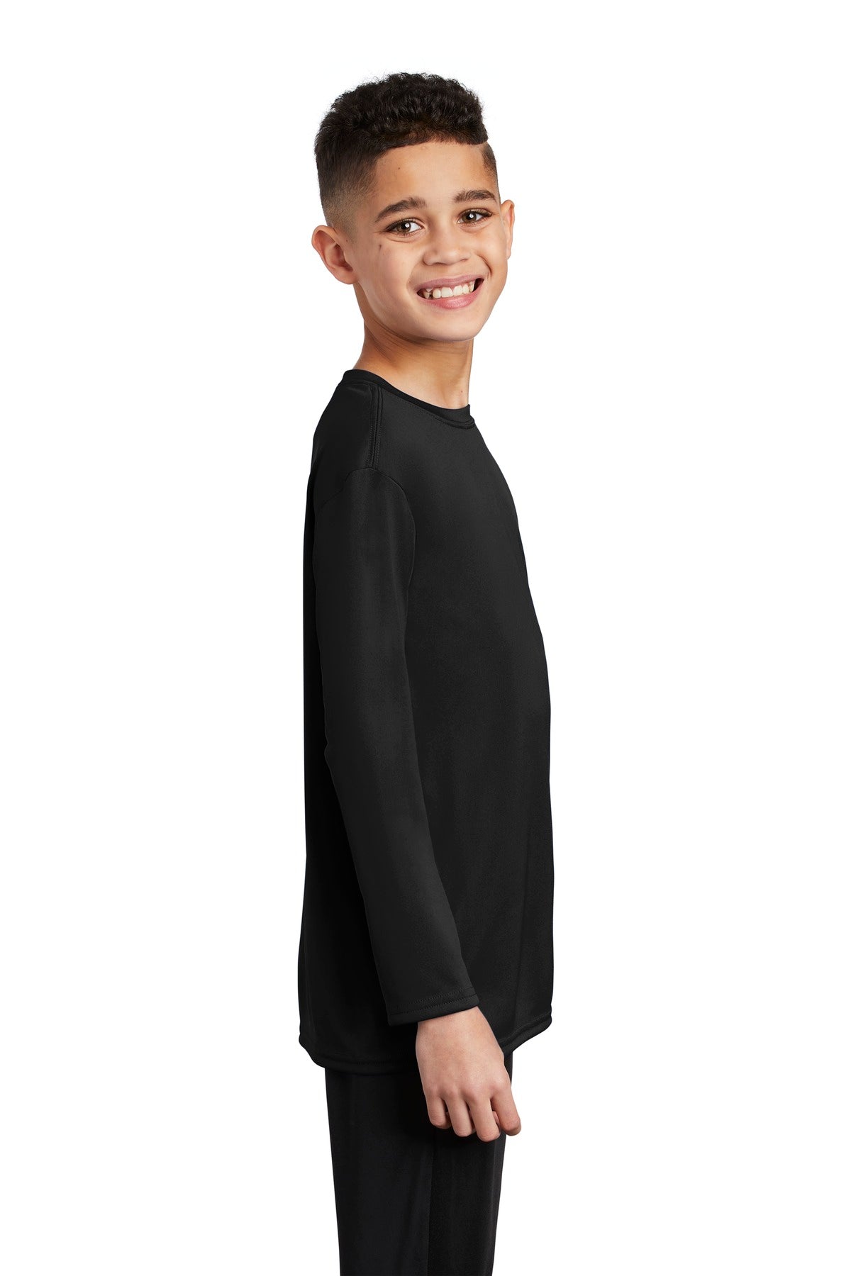 Jet Black Port & Co Youth Long Sleeve Performance Tee PC380YLS plain