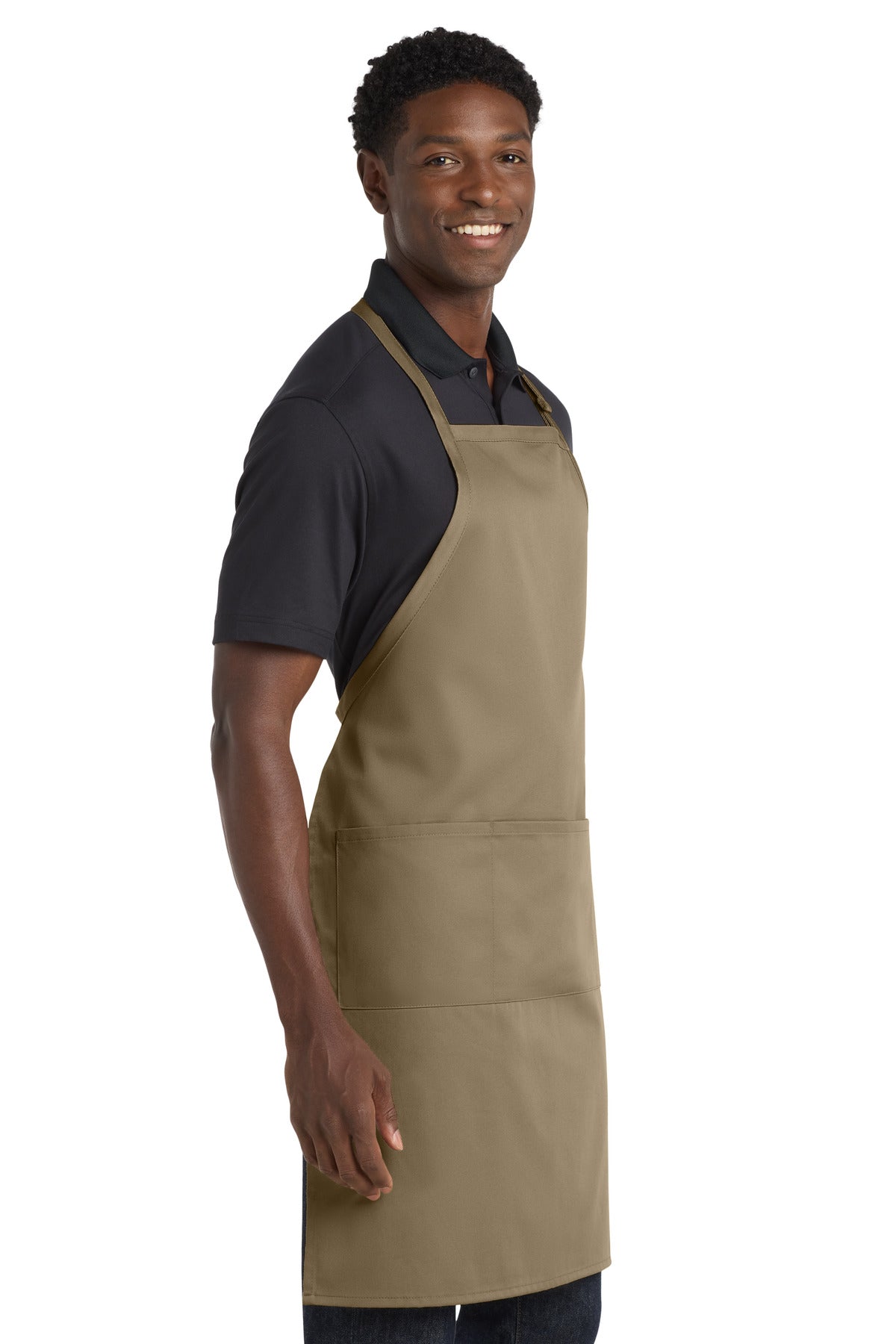 Khaki Port Authority Easy Care Extra Long Bib Apron with Stain Release. A700