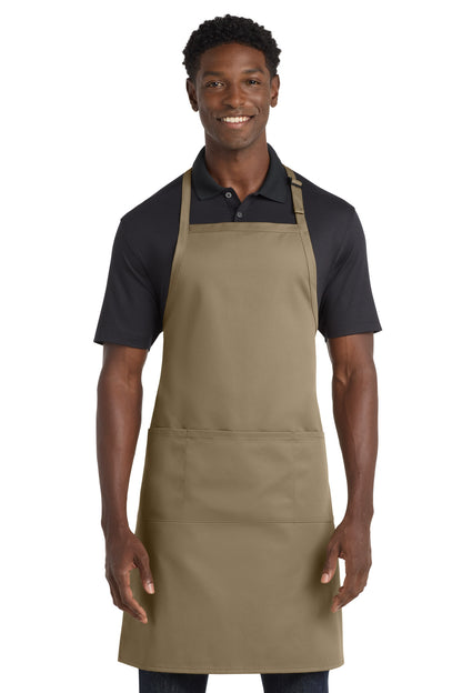 Khaki Port Authority Easy Care Extra Long Bib Apron with Stain Release. A700
