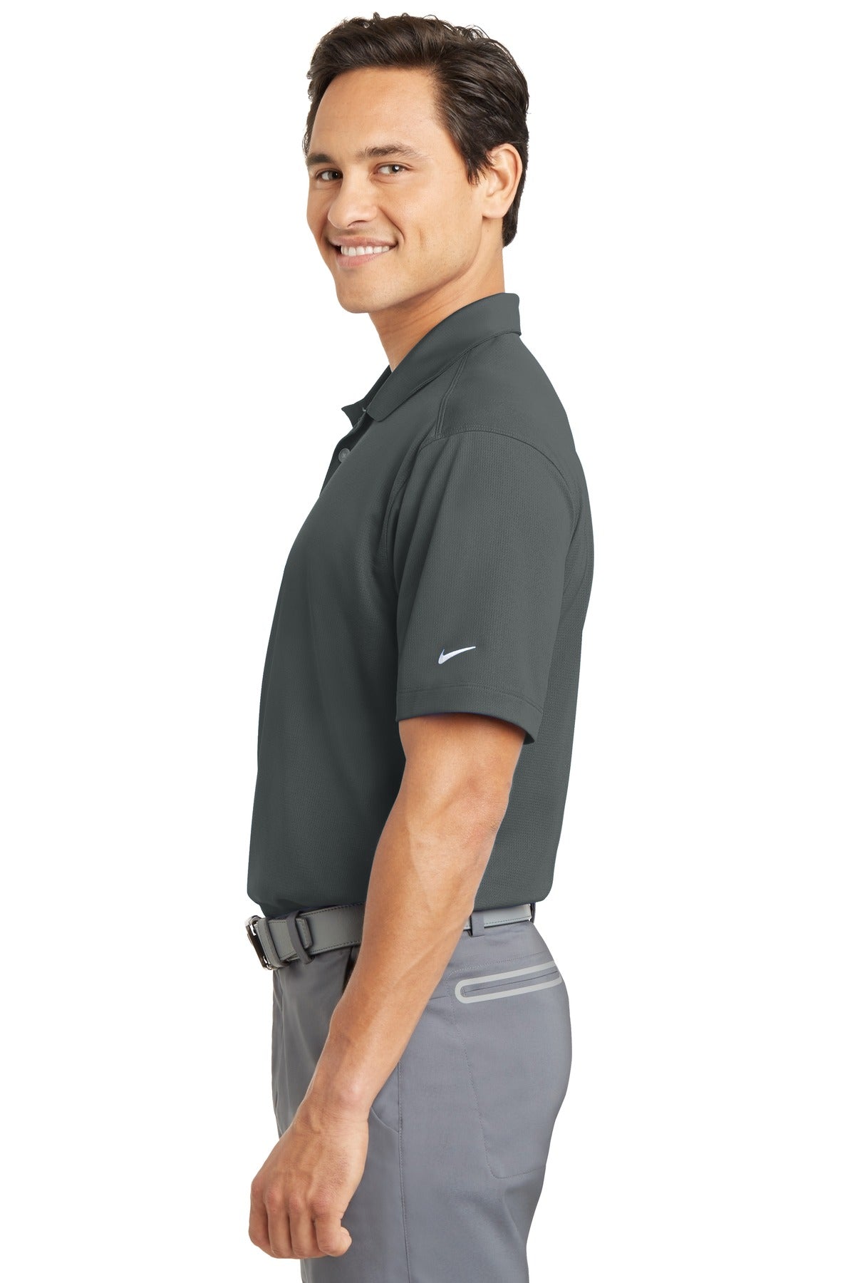 Left View of Anthracite Nike Dri-FIT Vertical Mesh Polo. 637167 plain