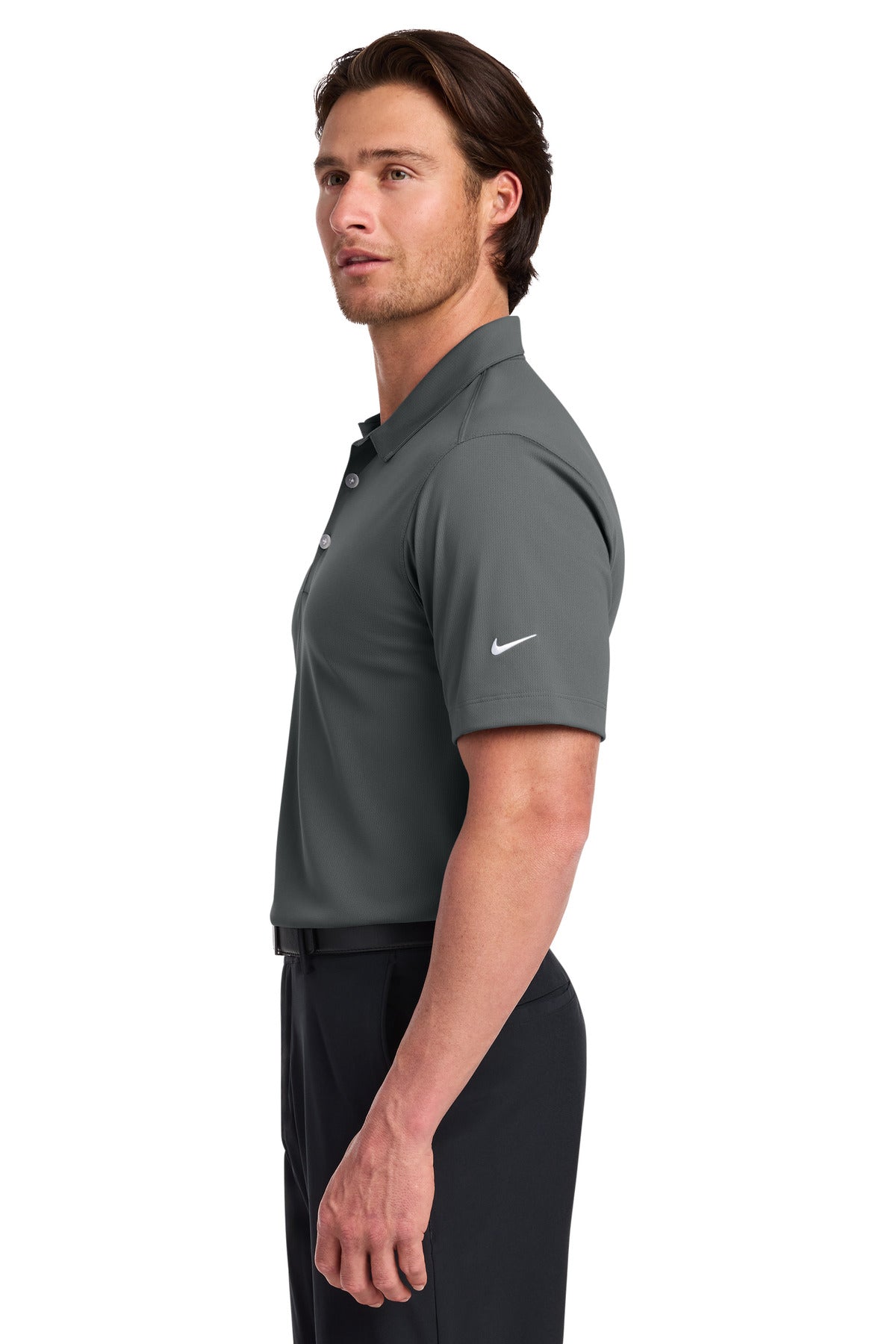 Left View of Anthracite Nike Dri-FIT Vertical Mesh Polo. 637167 plain