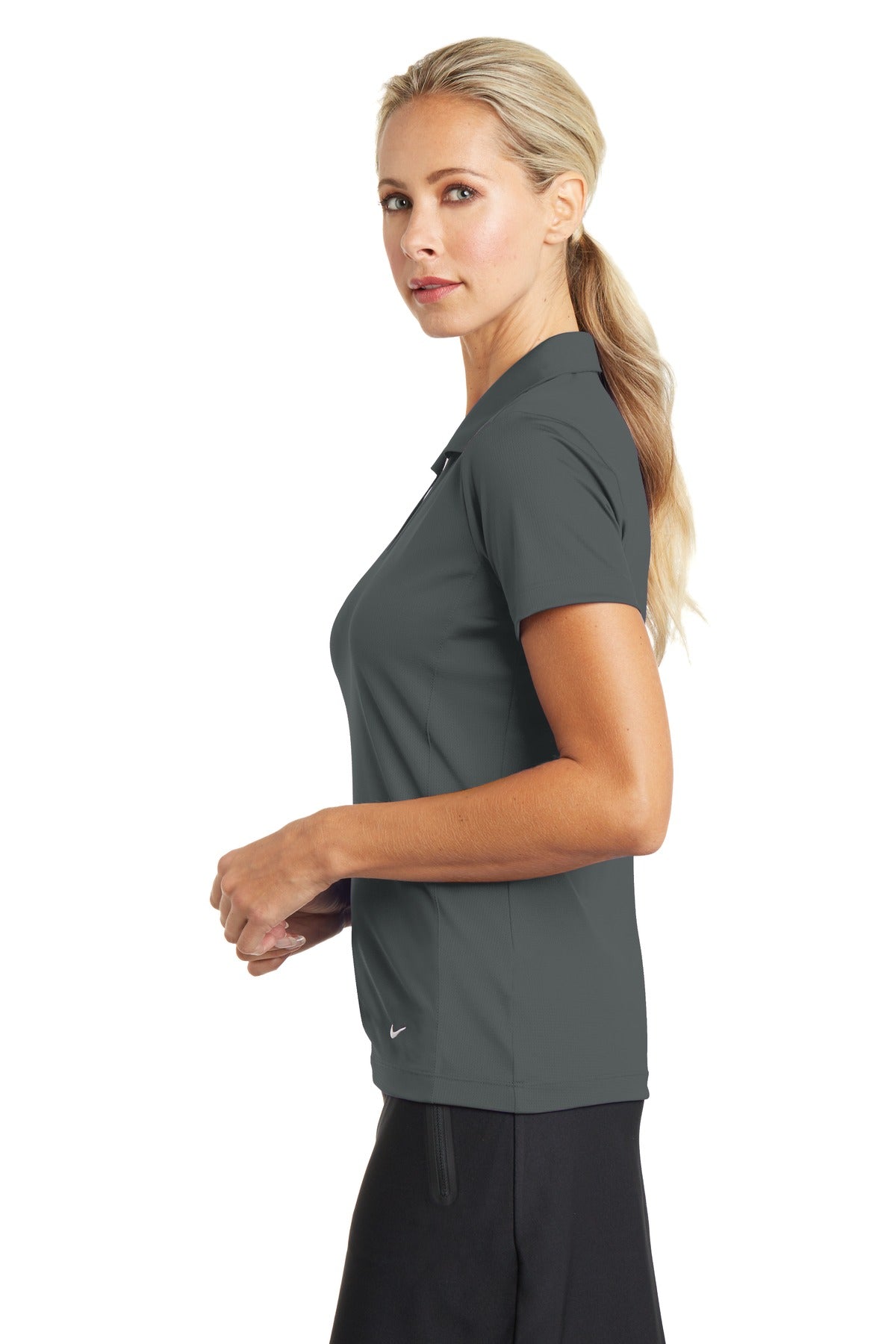 Left View of Anthracite Nike Women's Dri-FIT Vertical Mesh Polo. 637165 plain