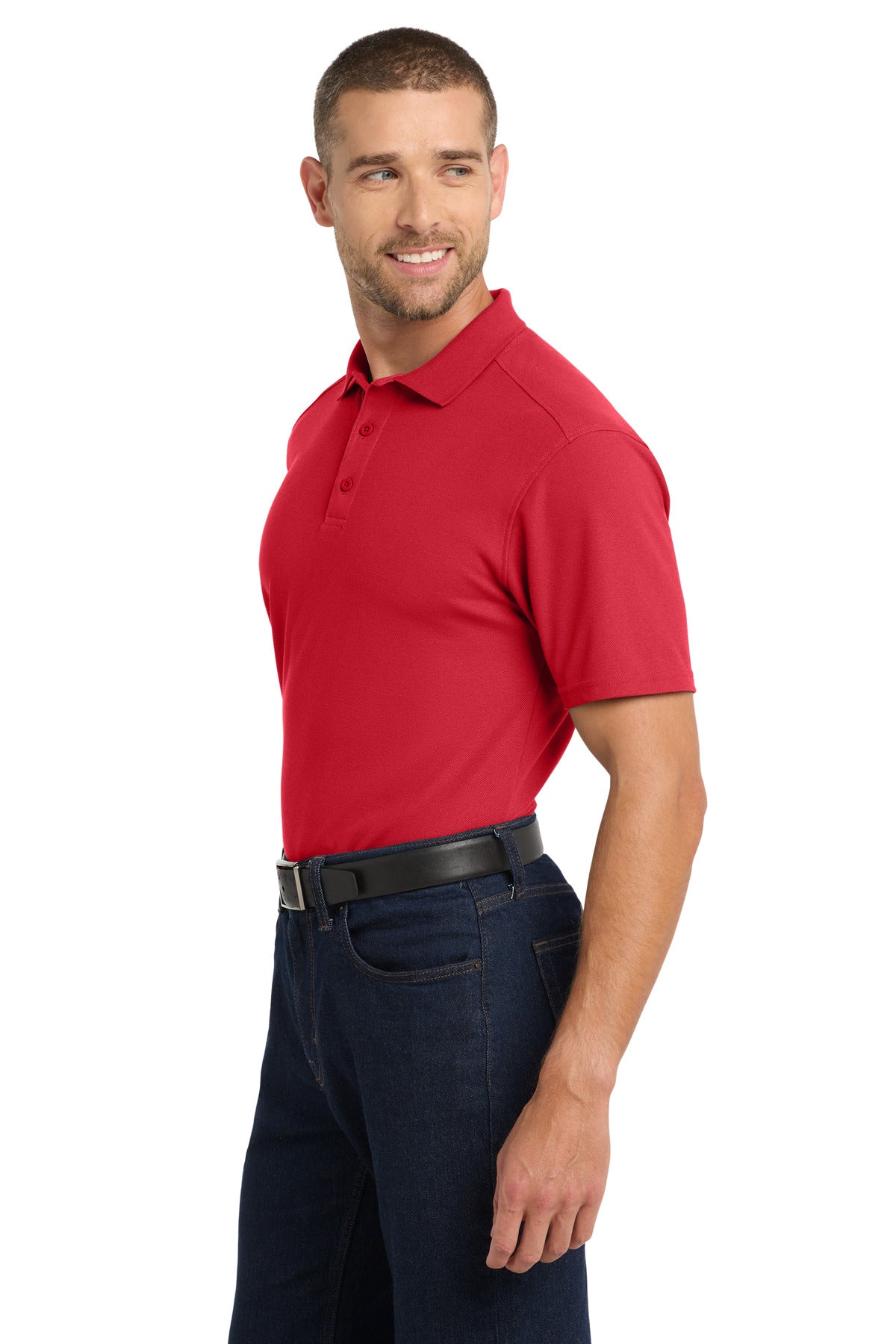 Left View of Apple Red Port Authority EZPerformance Pique Polo. K600 plain