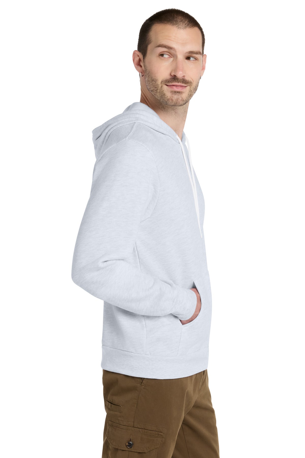 Left View of Ash BELLA+CANVAS Unisex Sponge Fleece Pullover Hoodie. BC3719 plain