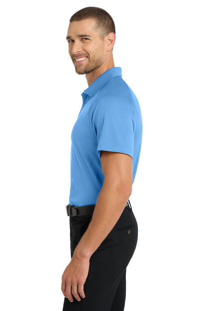 Left View of Azure Blue Port Authority Crossover Raglan Polo. K575 plain