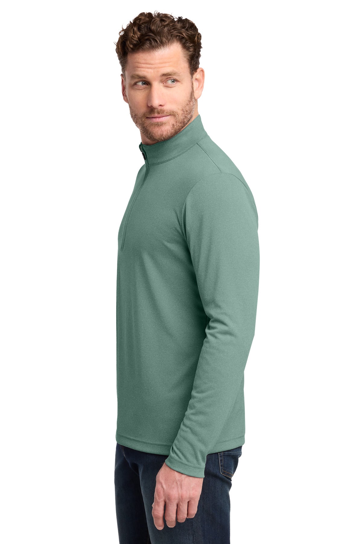 Left View of BerylGrnHt TravisMathew Coto Performance 1/4-Zip TM1MY397 plain