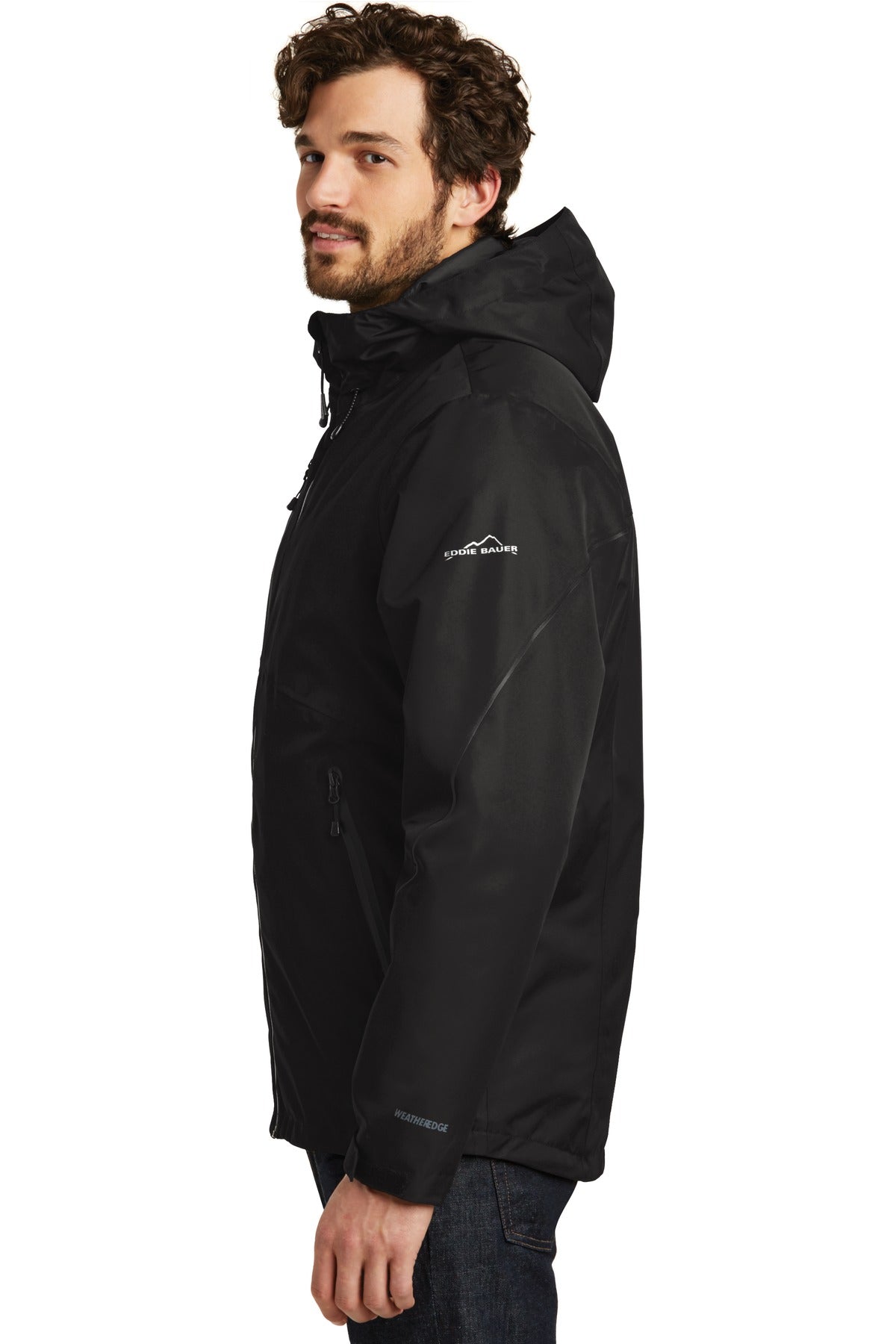 Left View of Black Eddie Bauer WeatherEdge Plus 3-in-1 Jacket. EB556 plain