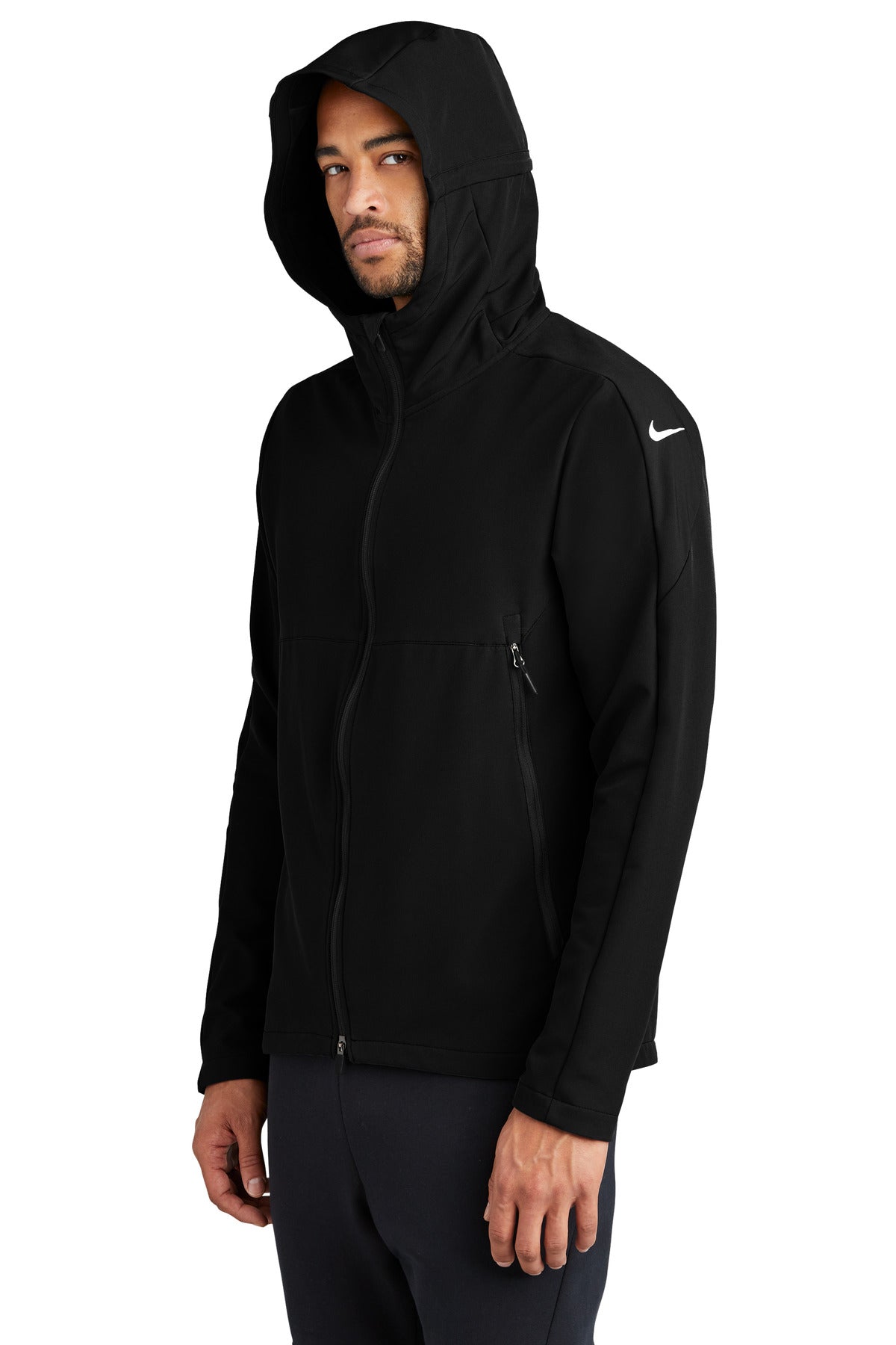 Left View of Black Nike Hooded Soft Shell Jacket NKDR1543 plain