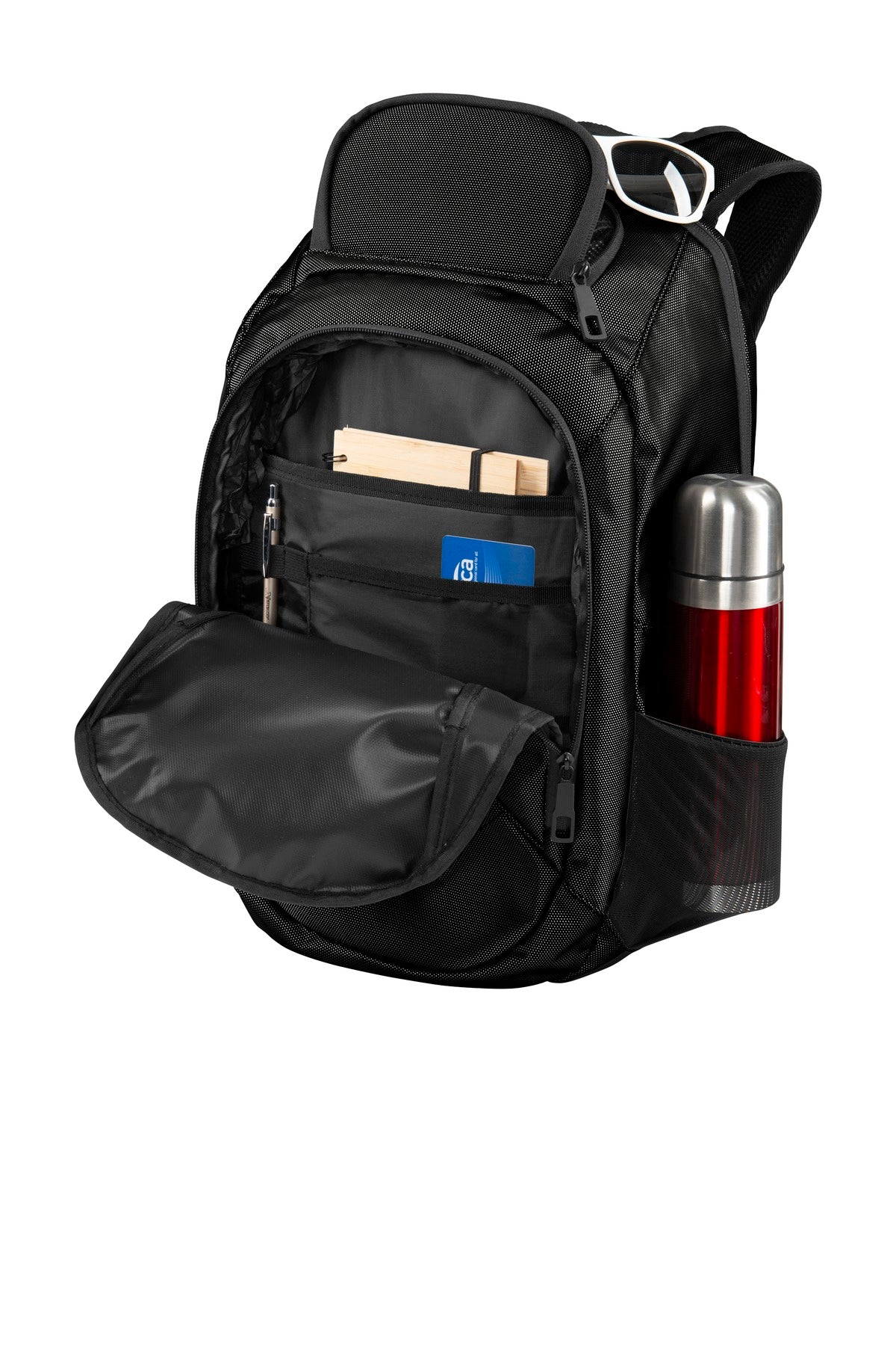 Left View of Black Port Authority Form Backpack. BG212 plain