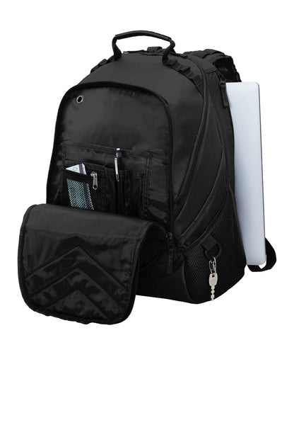 Left View of Black Port Authority Xcape Computer Backpack. BG100 plain