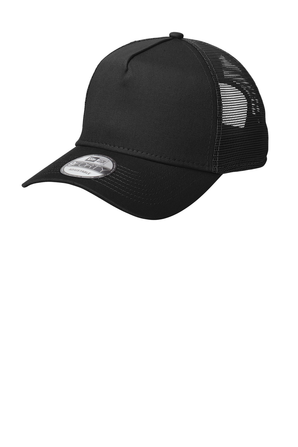 Left View of Black/Black New Era Snapback Trucker Cap. NE205 plain