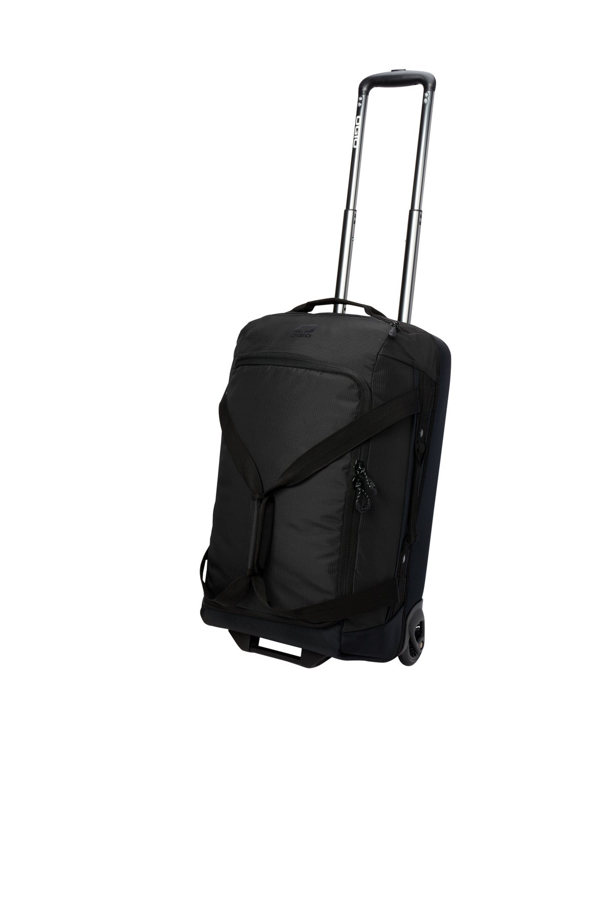 Left View of Blacktop OGIO Passage Wheeled Carry-On Duffel 98002 plain