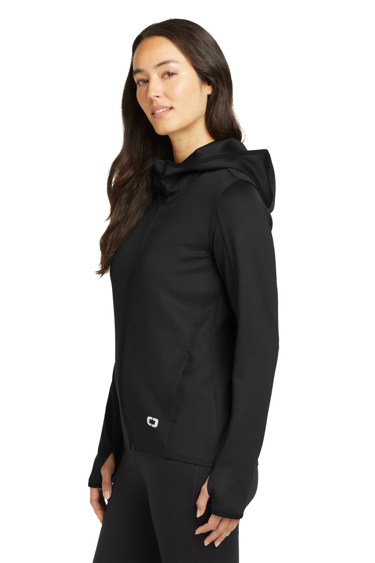 Left View of Blacktop OGIO Women's Stealth Full-Zip Jacket. LOE728 plain