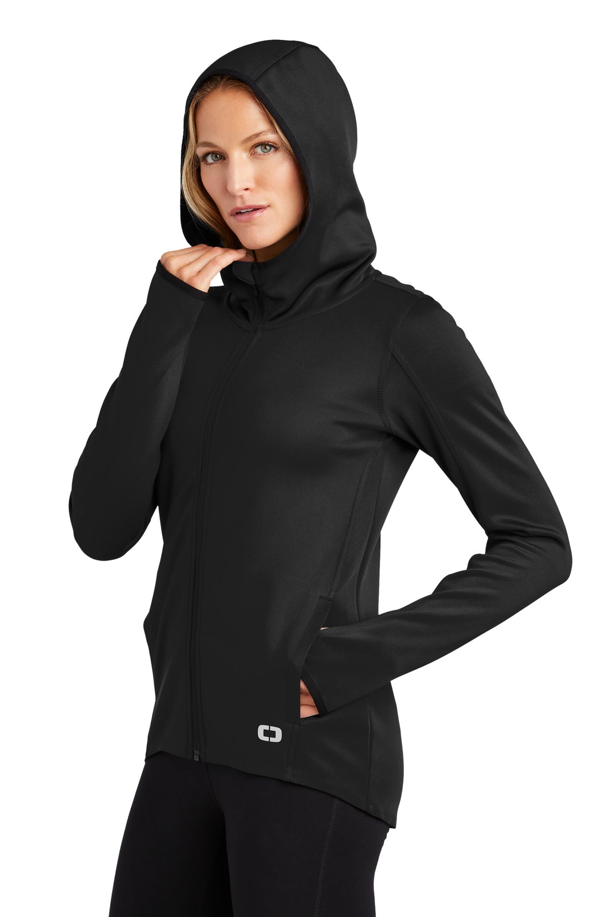 Left View of Blacktop OGIO Women's Stealth Full-Zip Jacket. LOE728 plain