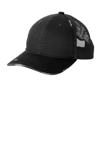 Left View of Blk/Blk Port Authority Distressed Mesh Back Cap C600 plain