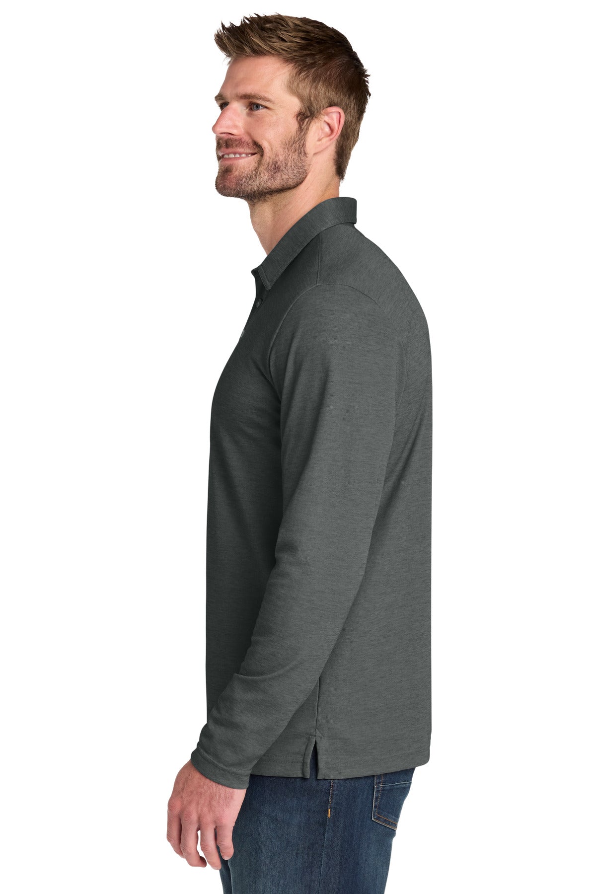 Left View of BlkHthr TravisMathew Oceanside Heather Long Sleeve Polo TM1MZ343 plain