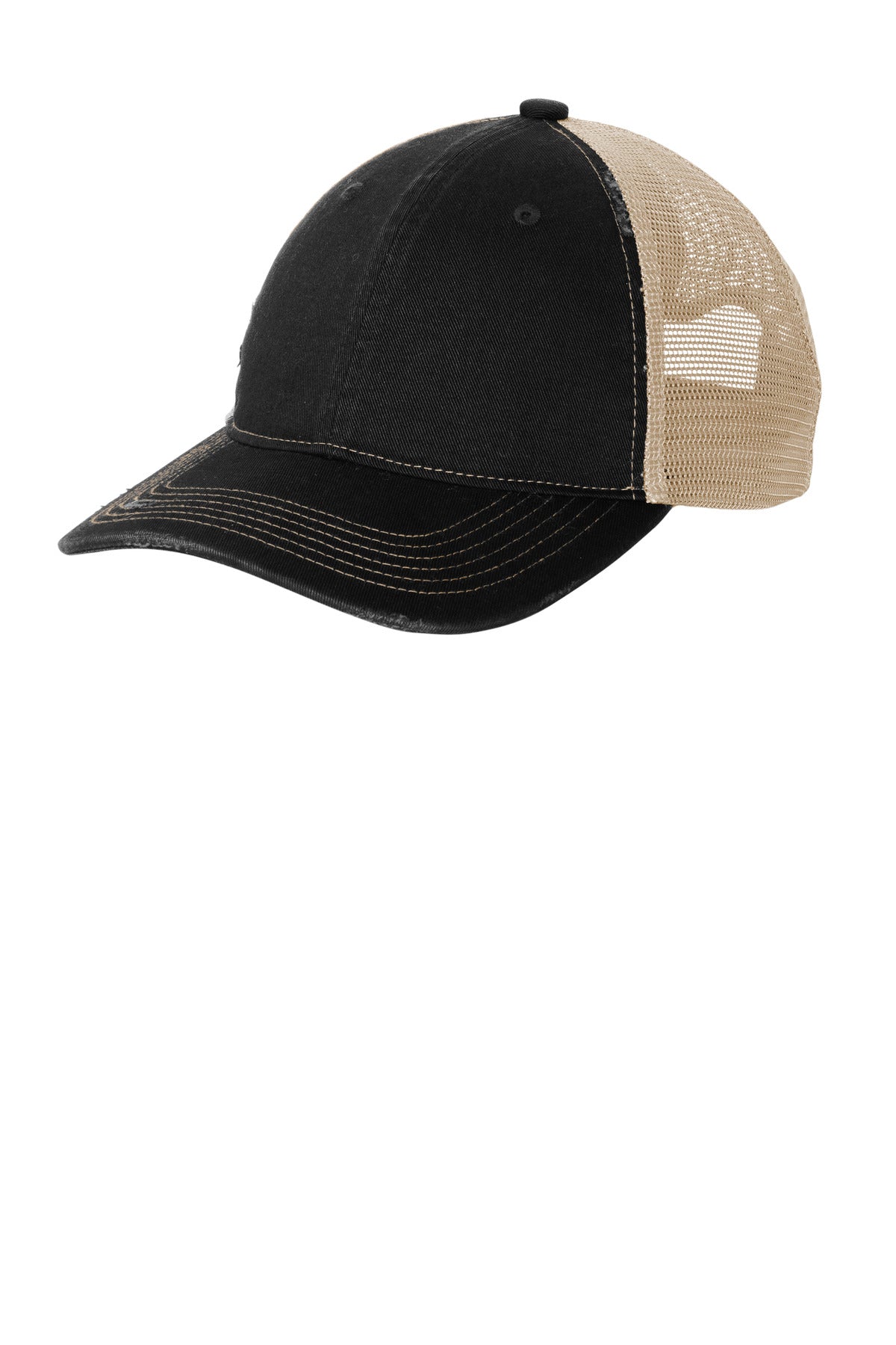 Left View of Blk/Khaki Port Authority Distressed Mesh Back Cap C600 plain