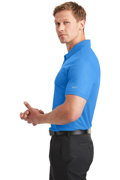 Left View of Brisk Blue Nike Dri-FIT Embossed Tri-Blade Polo. 838964 plain