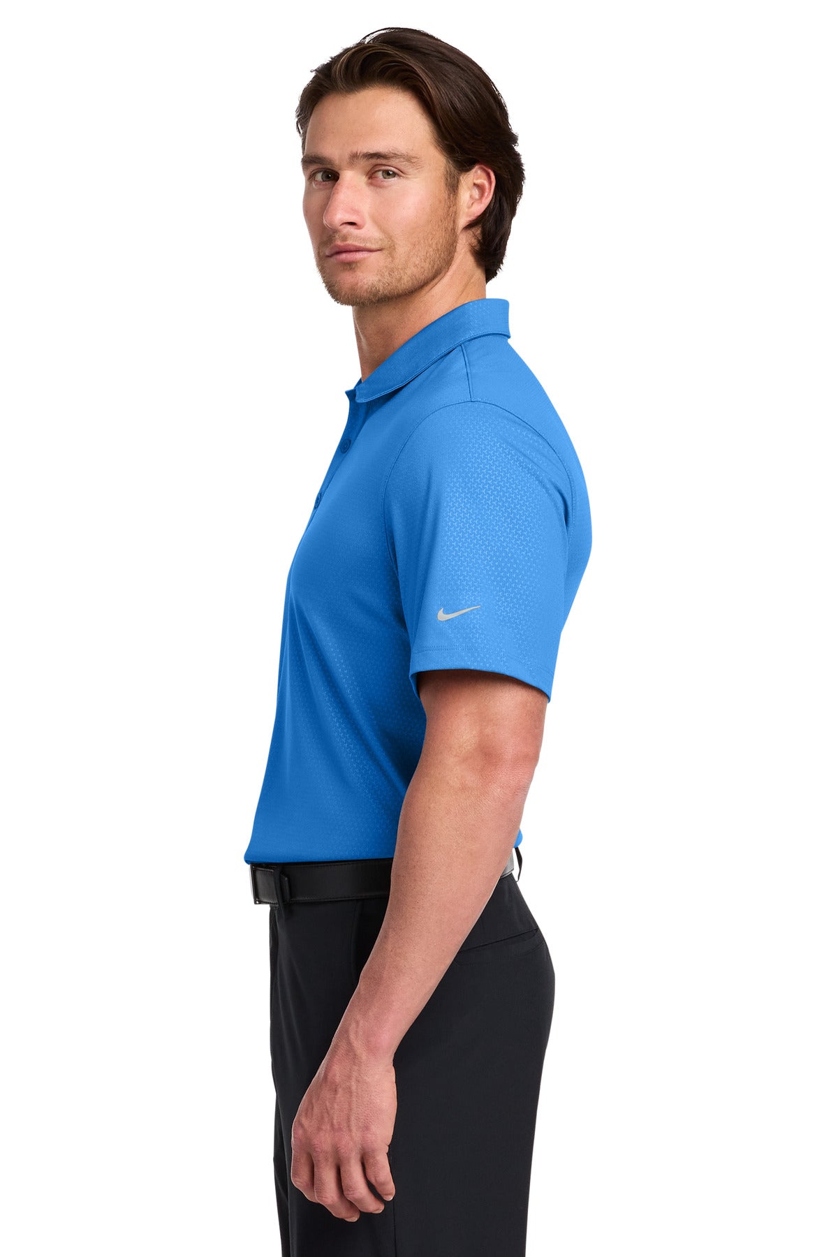 Left View of Brisk Blue Nike Dri-FIT Embossed Tri-Blade Polo. 838964 plain