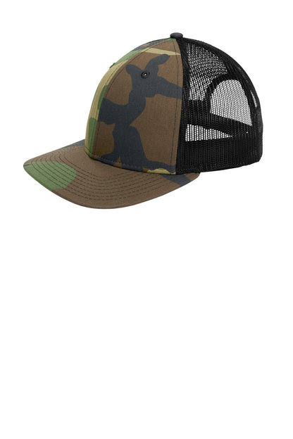 Left View of Camo/Black New Era Snapback Low Profile Trucker Cap NE207 plain
