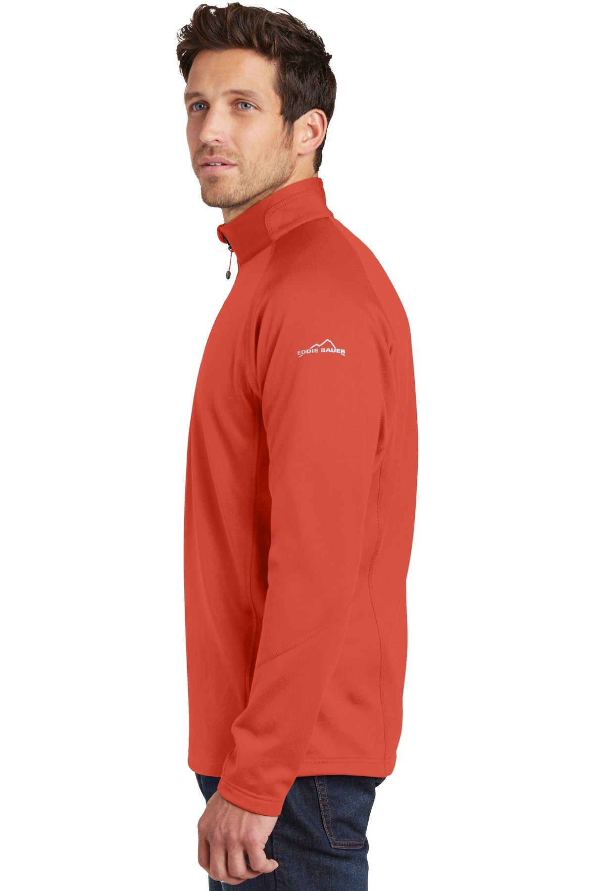 Left View of Cayenne Eddie Bauer 1/2-Zip Performance Fleece. EB234 plain