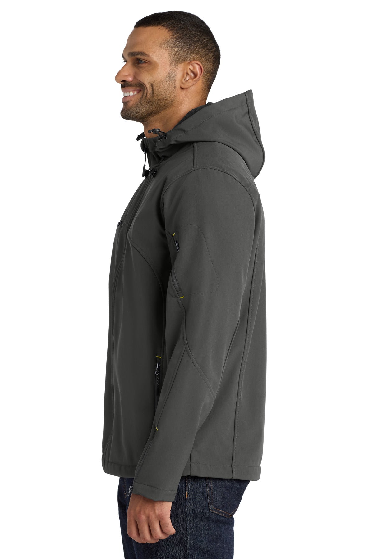 Left View of Charcoal Port Authority Textured Hooded Soft Shell Jacket. J706 plain