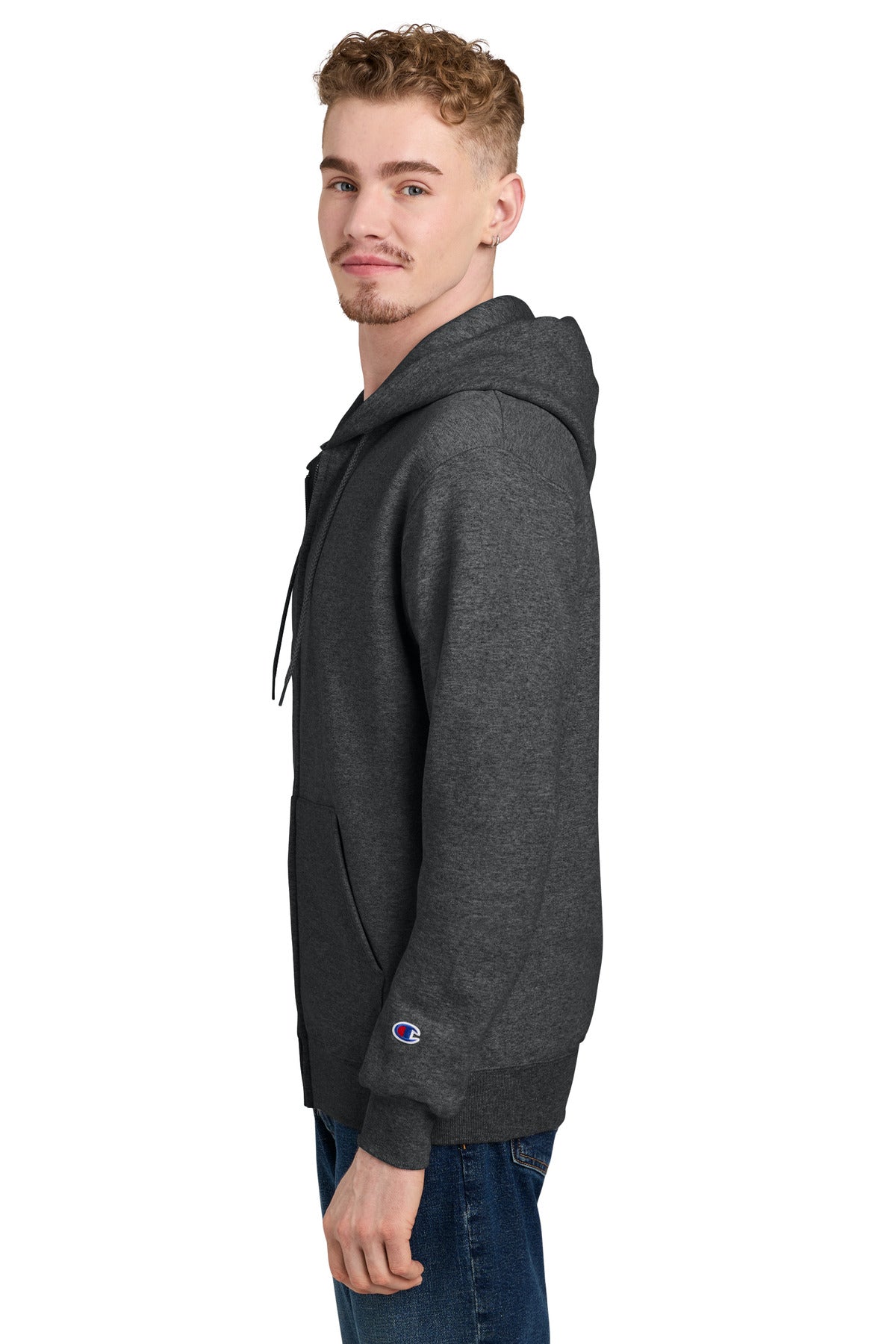 Left View of CharcoalHt Champion Powerblend Full-Zip Hoodie. S800 plain