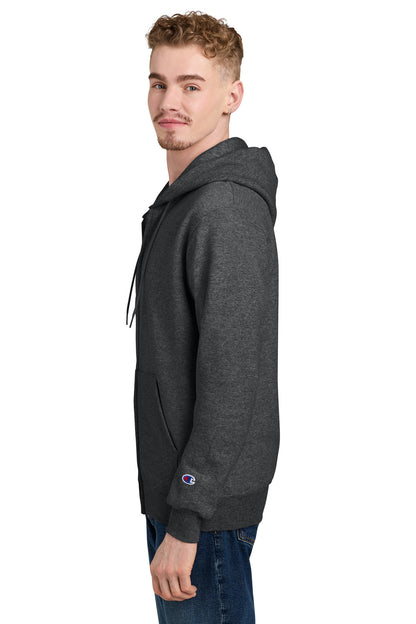 Left View of CharcoalHt Champion Powerblend Full-Zip Hoodie. S800 plain