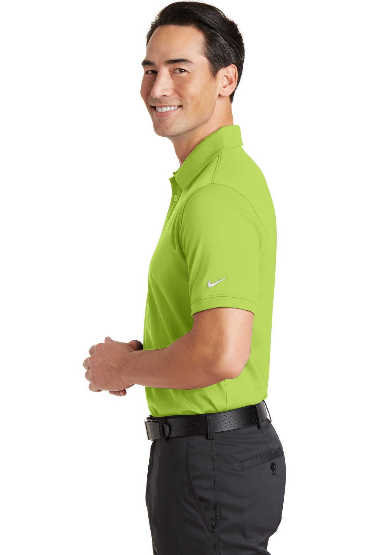 Left View of Chartreuse Nike Dri-FIT Solid Icon Pique Modern Fit Polo. 746099 plain